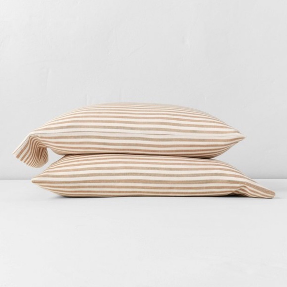 New Pair Casaluna 100% Washed Linen Striped Standard Pillowcases in Brown Stripe